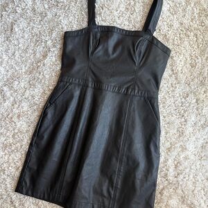 Black faux leather mini dress, adjustable straps with pockets | NWT